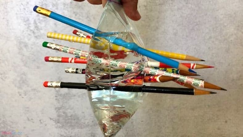Pencils through a bag of water, kids science experiment